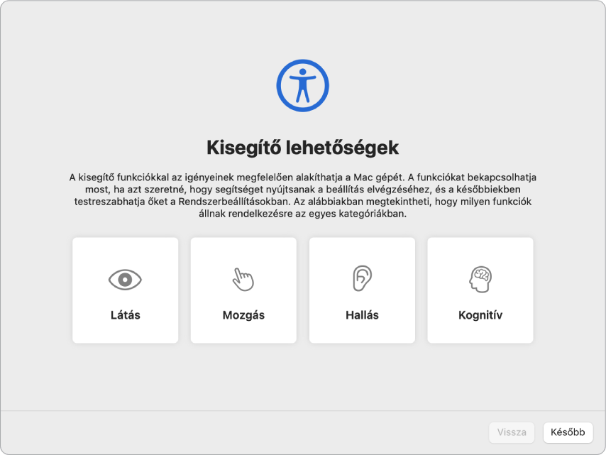 Egy Mac képernyője a Beállítási asszisztens Kisegítő lehetőségek beállításaival.