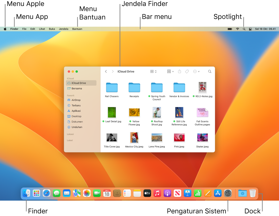 Layar Mac menampilkan menu Apple, menu App, menu Bantuan, jendela Finder, bar menu, ikon Spotlight, ikon Finder, ikon Pengaturan Sistem, dan Dock.