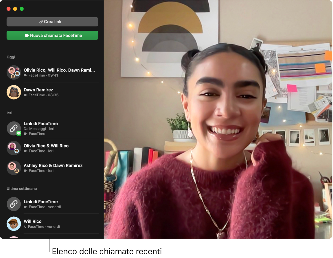 Una finestra di FaceTime che mostra i pulsanti per creare un link per una chiamata FaceTime o per iniziarne una nuova e un elenco di chiamate recenti.