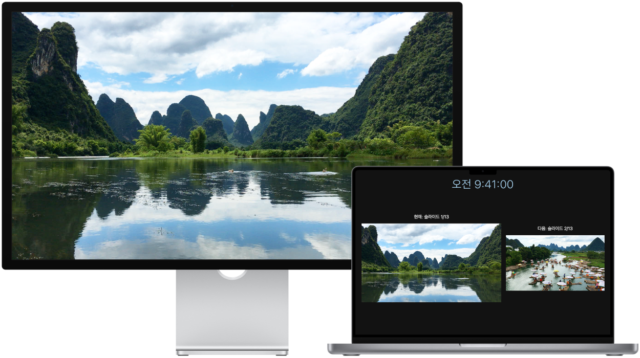 외장 디스플레이로 사용되는 Studio Display 옆에 있는 MacBook Pro 16.