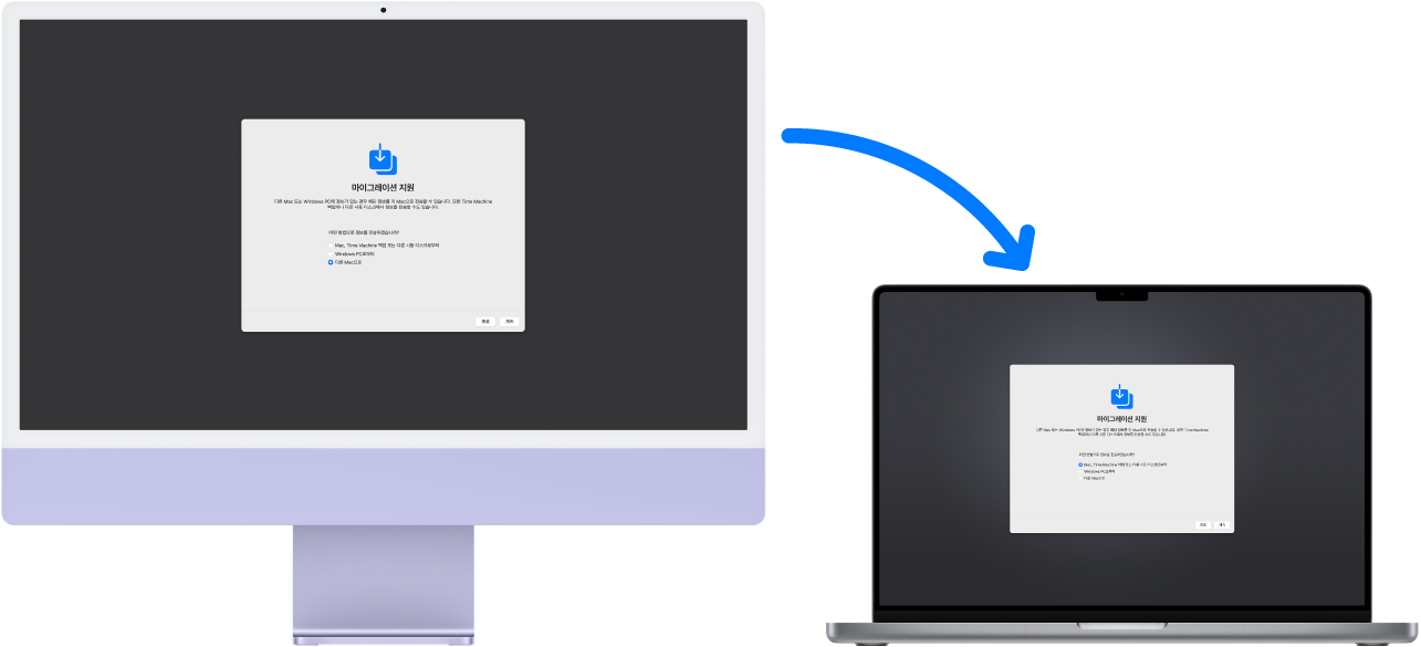마이그레이션 지원 화면을 표시하는 iMac 및 MacBook Pro. iMac에서 MacBook Pro를 향하는 화살표는 한 기기에서 다른 기기로 데이터 전송을 의미합니다.