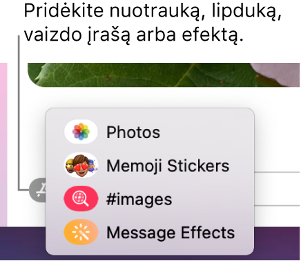 „Apps“ meniu ir parinktys, skirtos rodyti nuotraukas, „Memoji“ lipdukus, GIF ir žinučių efektus.