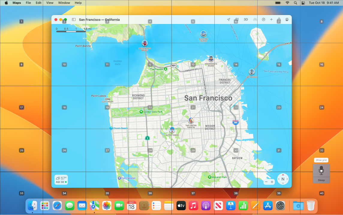 Programa „Maps“, atidaryta darbalaukyje, kurį dengia tinklelis.