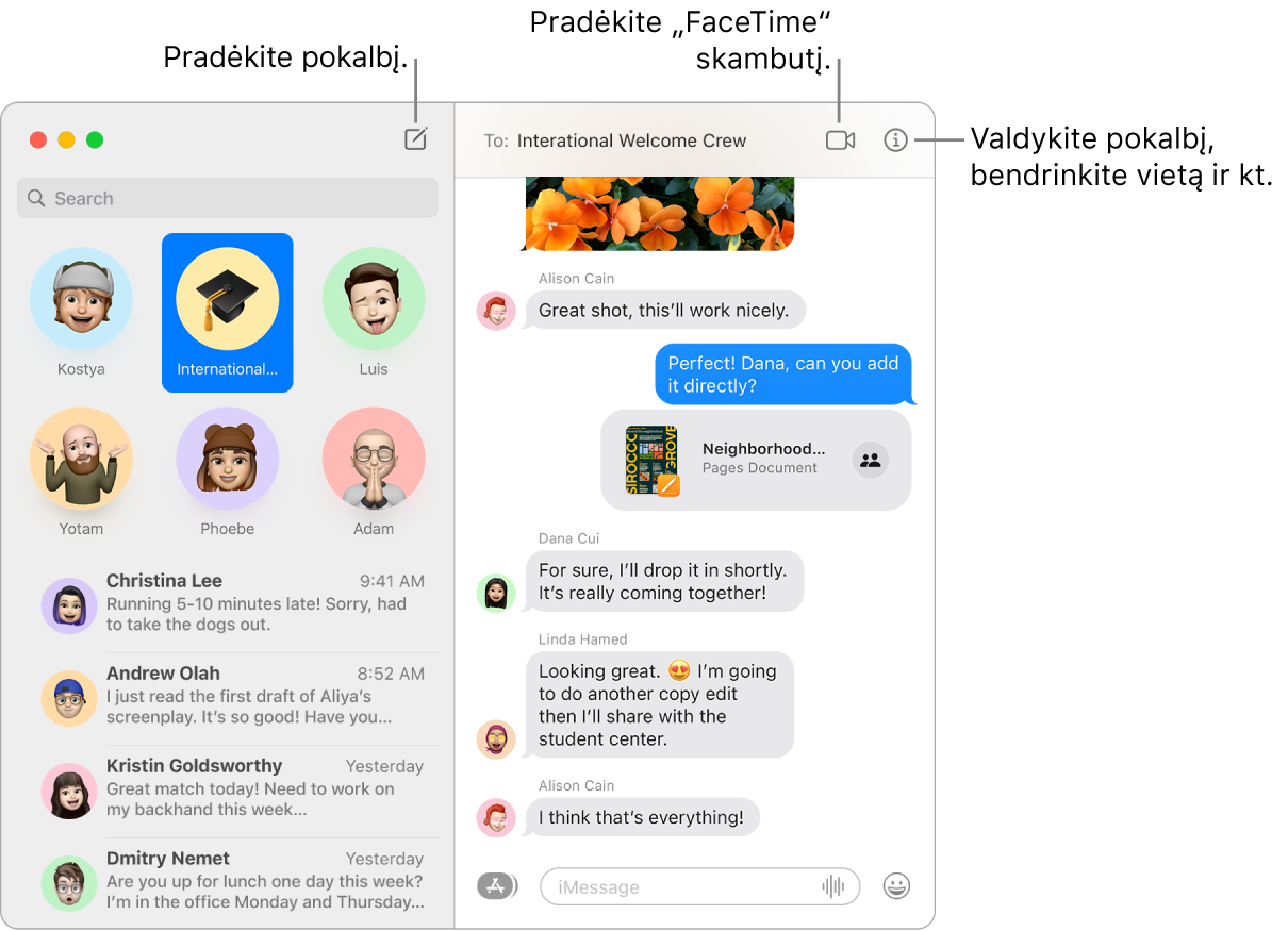 „Messages“ langas, rodantis, kaip pradėti pokalbį ir „FaceTime“ skambutį.