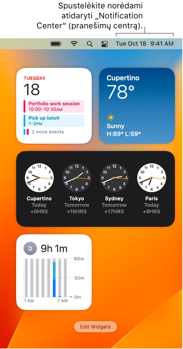 „Notification Center“ su „Photos“, „Home“, „Calendar“ ir „ScreenTime“ pranešimais ir valdikliais.