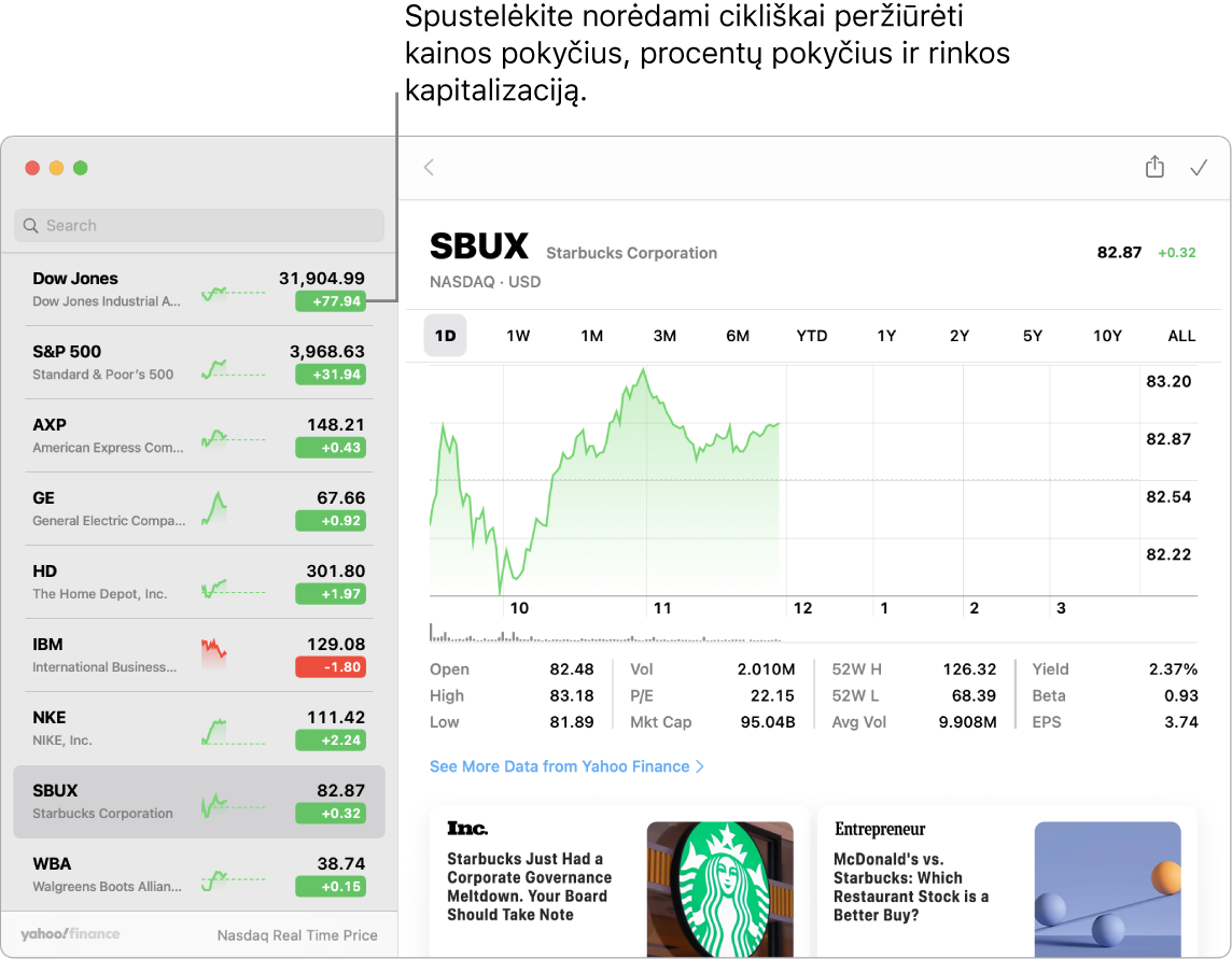 „Stocks“ ekrane: rodomos istorijos ir informacija apie pasirinktas akcijas. Pateikiama nuoroda „Click to cycle between price change, percentage change, and market capitalization“ (spustelėkite norėdami perjungti kainos pokytį, procentinį pokytį ir rinkos kapitalo vertes).