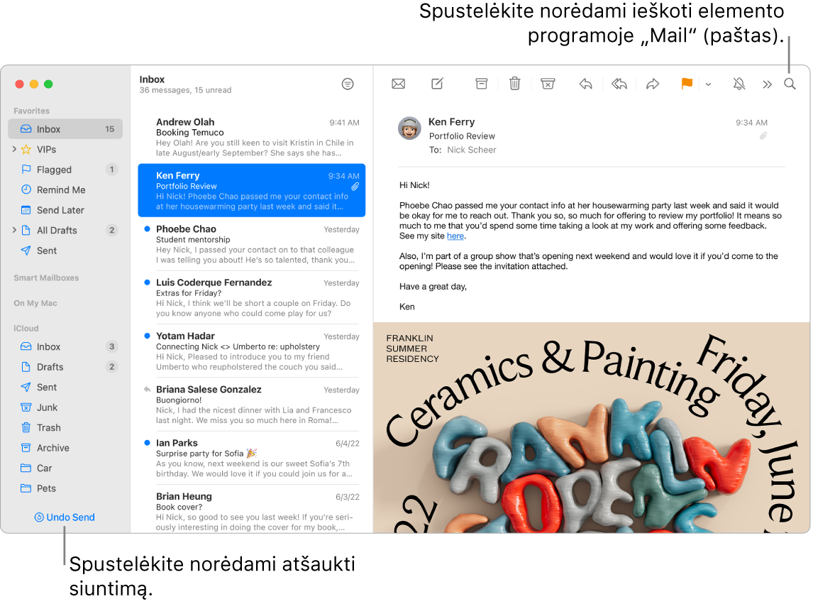 „Mail“ langas: kairėje matosi šoninė juosta ir aplankai „Favorites“, „Smart Mailboxes“ bei „iCloud“, šalia šoninės juostos pateiktas žinučių sąrašas, o pasirinktos žinutės turinys rodomas dešinėje.