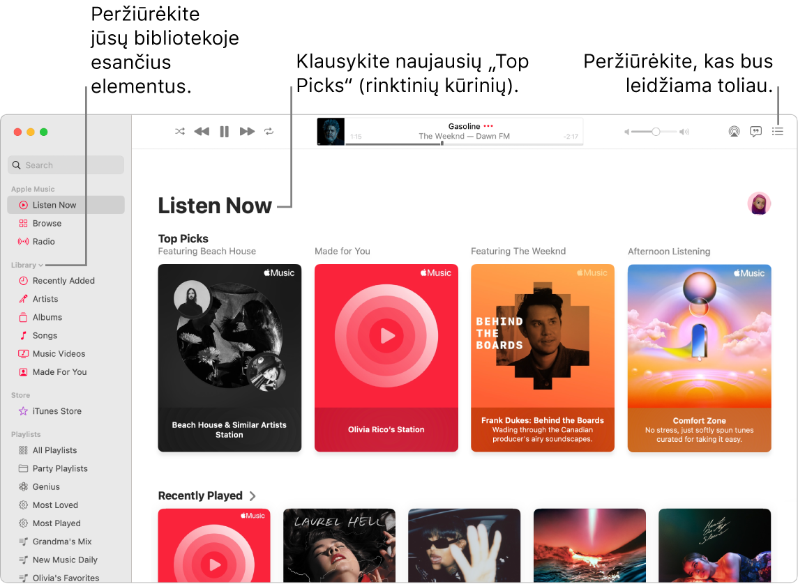 Programos „Music“ langas, kuriame rodoma, kaip peržiūrėti biblioteką, klausytis „Apple Music“ ir peržiūrėti tolesnę dainą.