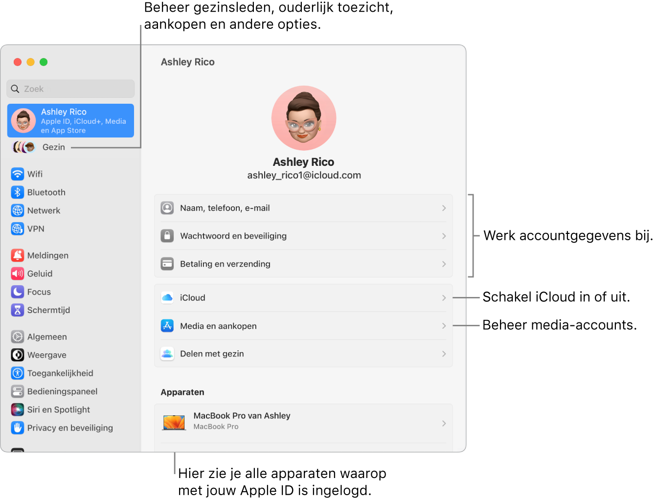 De instellingen voor de Apple ID in Systeeminstellingen, met bijschriften voor de opties waarmee je je accountgegevens bijwerkt, iCloud-voorzieningen in- of uitschakelt, media-accounts beheert en gezinsinstellingen wijzigt om gezinsleden, ouderlijk toezicht, aankopen en andere opties te beheren.
