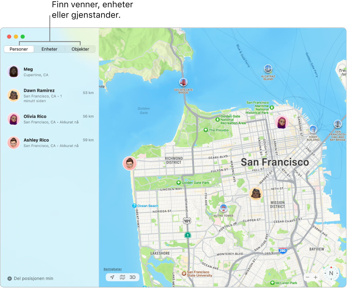 Et Hvor er?-vindu med Personer-fanen markert til venstre, og et kart over San Francisco med posisjonen til deg og to venner til høyre.