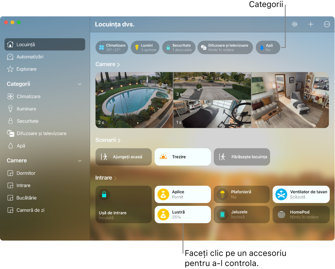 Aplicația Locuință afișând categoriile, scenariile preferate și accesoriile preferate.