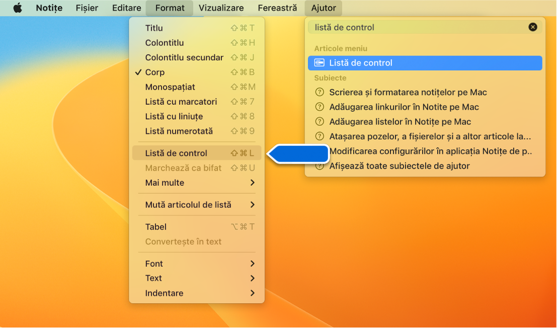 Meniul Ajutor afișând o căutare pentru “listă”, având comanda Listă cu marcatori evidențiată în lista de rezultate și în meniul Format.
