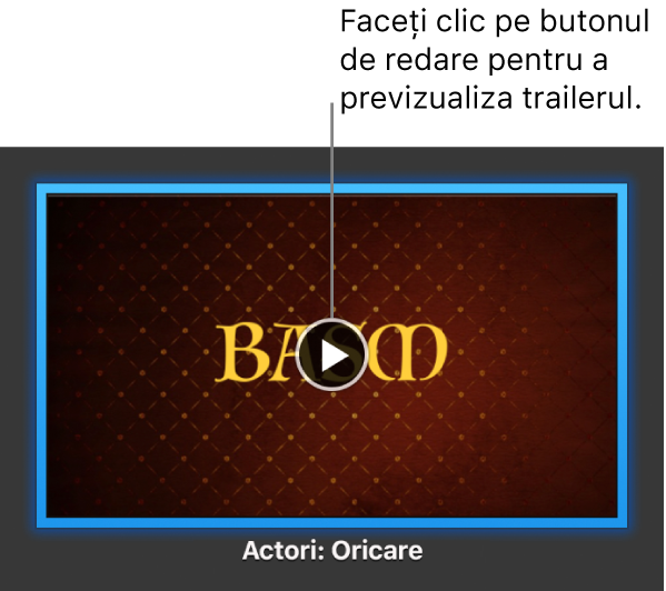 Ecranul trailer iMovie afișând butonul de redare.