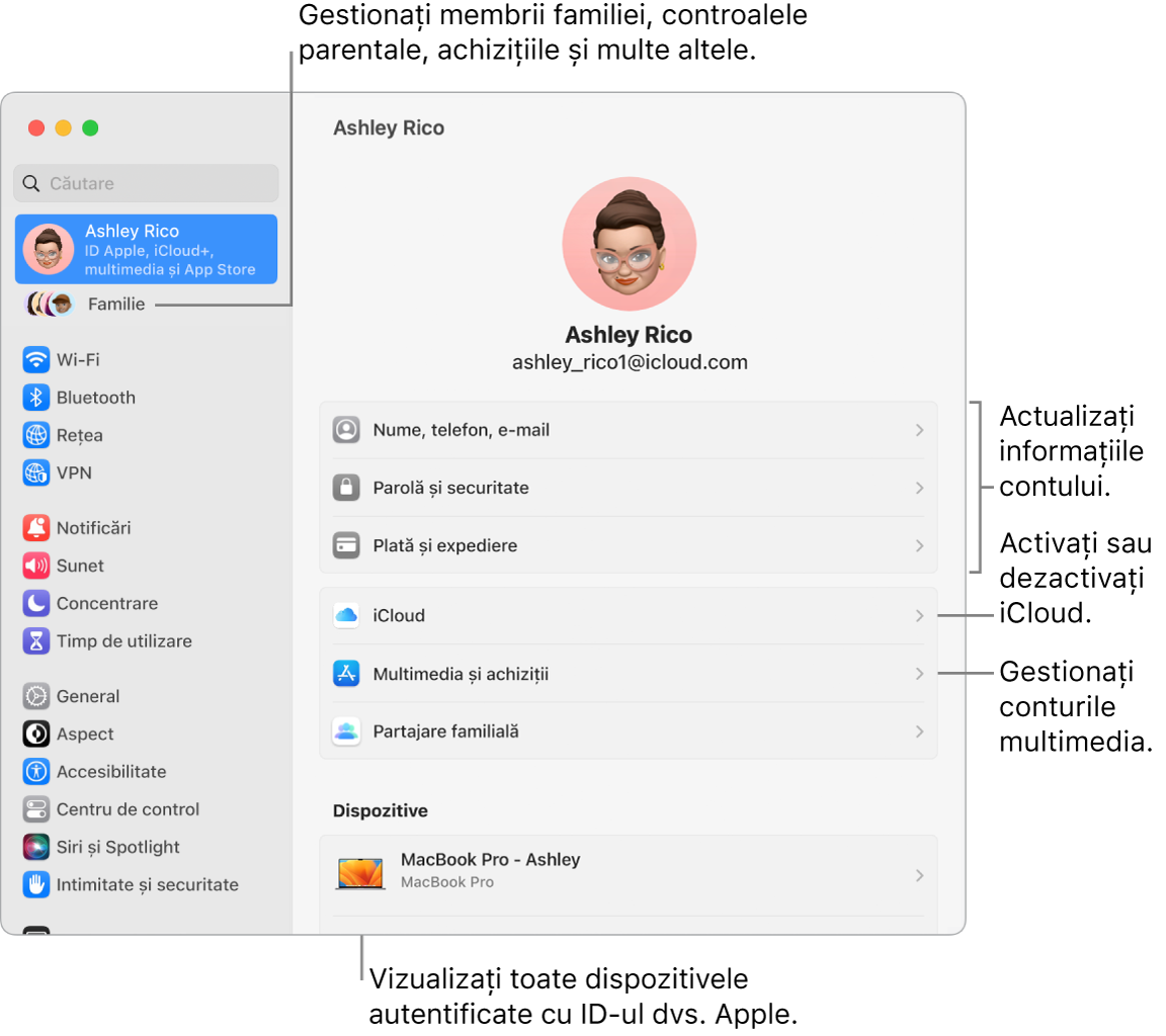 Configurările ID Apple din Configurări sistem cu explicații pentru actualizarea informațiilor contului dvs., activarea sau dezactivarea funcționalităților iCloud, gestionarea conturilor multimedia și Familie, unde puteți gestiona membrii familiei, controalele parentale, cumpărăturile și altele.