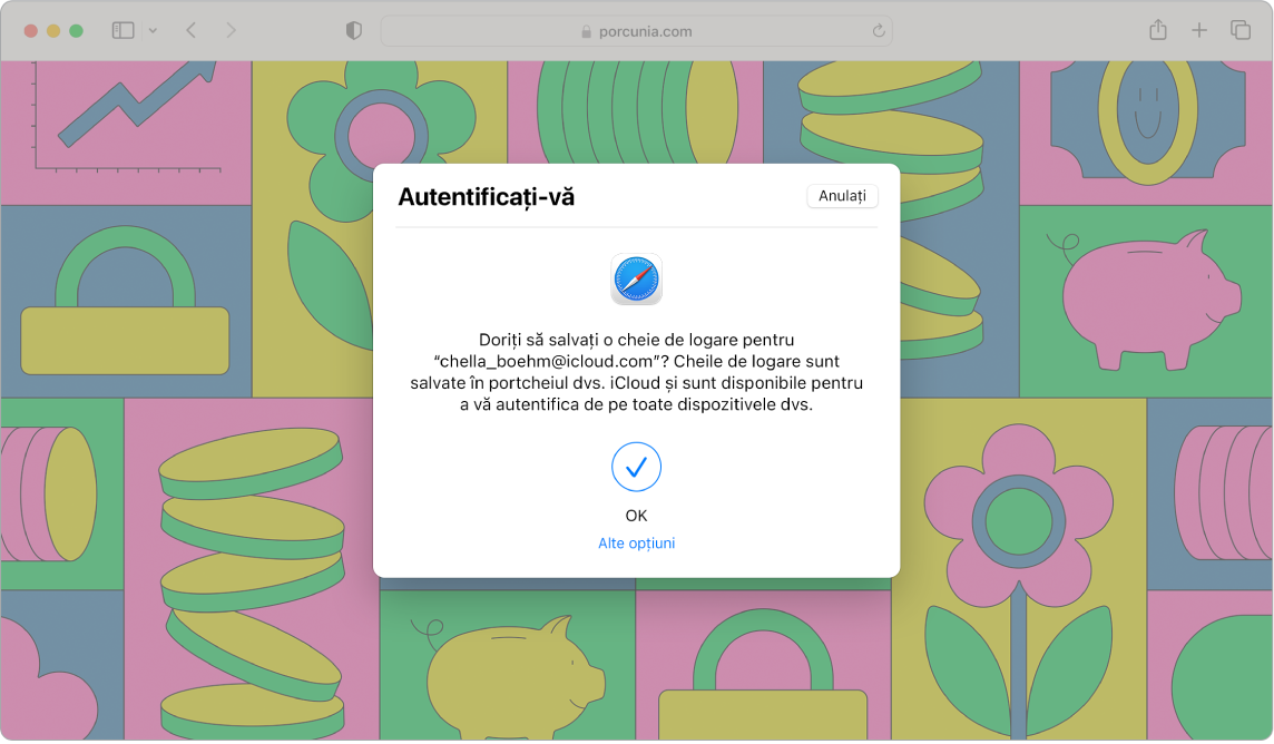O fereastră Safari afișând un dialog de autentificare care întreabă utilizatorul dacă dorește să salveze o cheie de logare. Conform dialogului, cheile de logare sunt salvate în portcheiul iCloud și sunt disponibile pentru a vă autentifica pe toate dispozitivele dvs. O bifă albastră arată că a fost creată cheia de logare.
