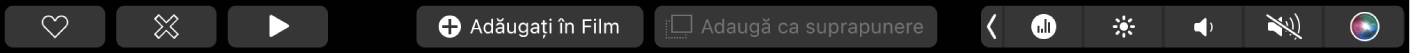Touch Bar pentru iMovie, cu butoane pentru redare, adăugare în film și adăugare ca suprapunere.