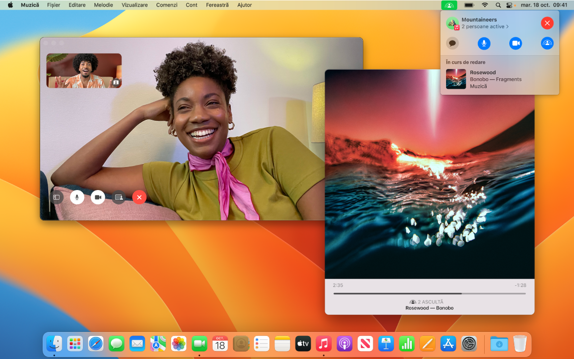 O experiență de ascultare partajată, cu ascultătorii în fereastra FaceTime și o fereastră a aplicației Muzică redând o melodie.