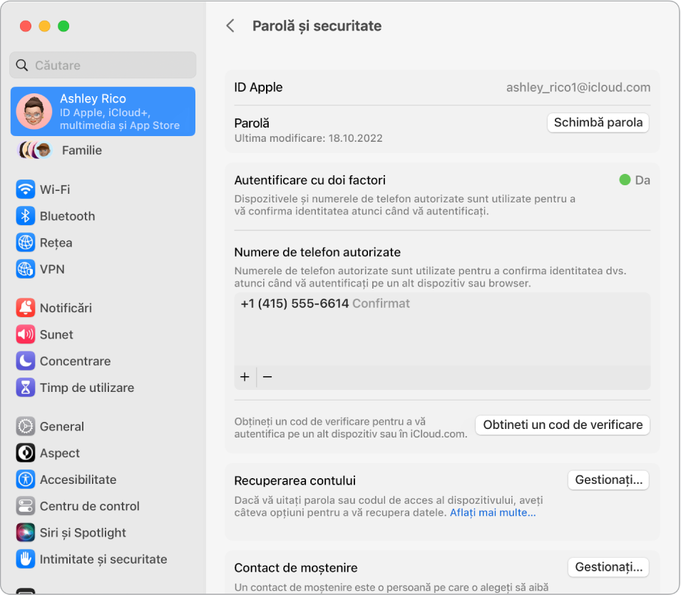 Secțiunea Parolă și securitate a ID‑ului Apple în Configurări sistem. De aici, puteți configura Recuperare cont sau Contact de moștenire.