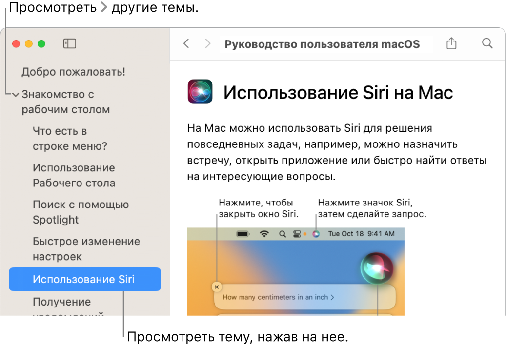 Окно просмотра Справки. В нем показано, как просматривать список статей на боковой панели и отображать содержимое статьи.