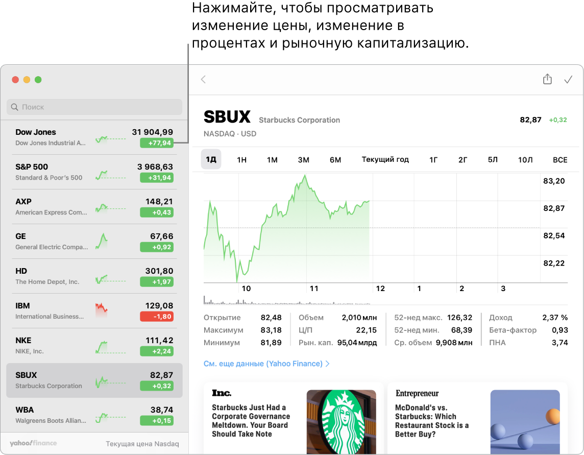 Экран приложения «Акции». Отображается информация и статьи о выбранных акциях, а также выноска: «Нажимайте, чтобы просматривать изменение цены, изменение в процентах и рыночную капитализацию».