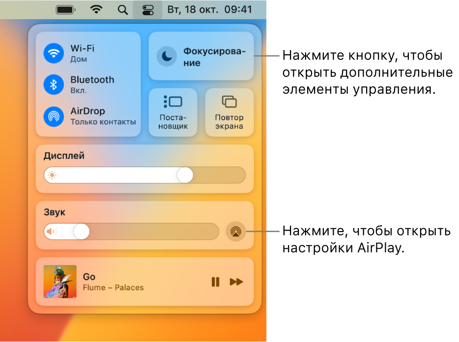 Увеличенное изображение Пункта управления на Mac. Выноска указывает на кнопку «Дисплей».