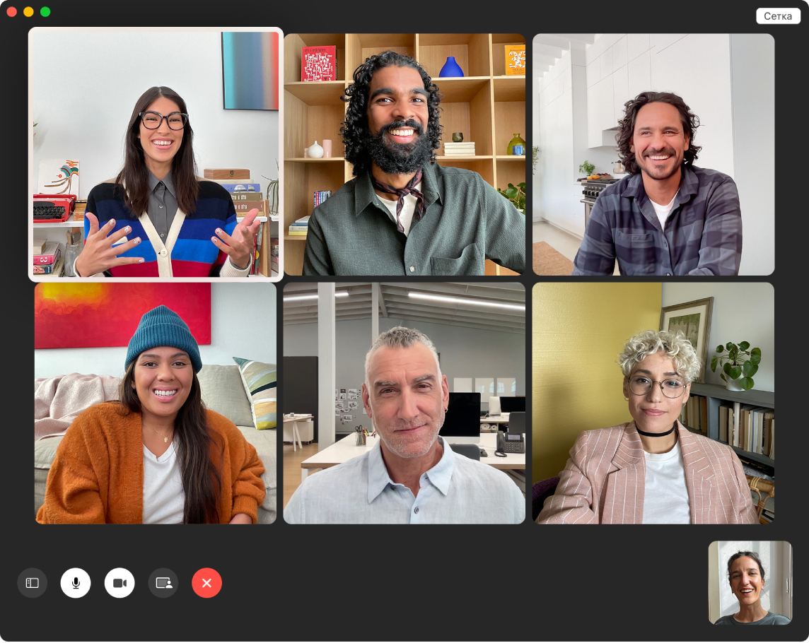 Окно FaceTime, в котором видна группа приглашенных пользователей.
