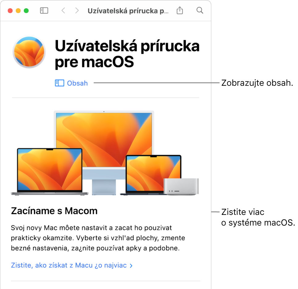 Úvodná obrazovka Príručky užívateľa pre macOS zobrazujúca odkaz na obsah.