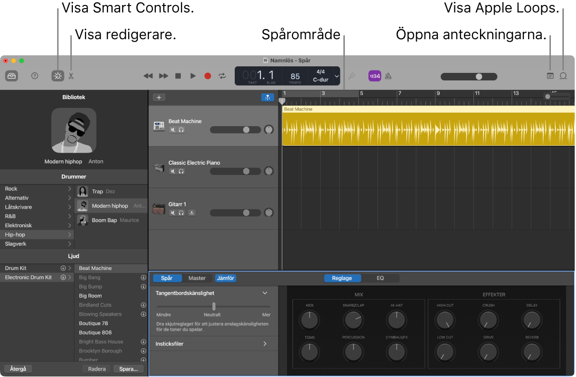 Ett GarageBand-fönster som visar knapparna för att komma åt Smart Controls, Redigerare, Anteckningar och Apple Loops. Även visningen av spår syns.