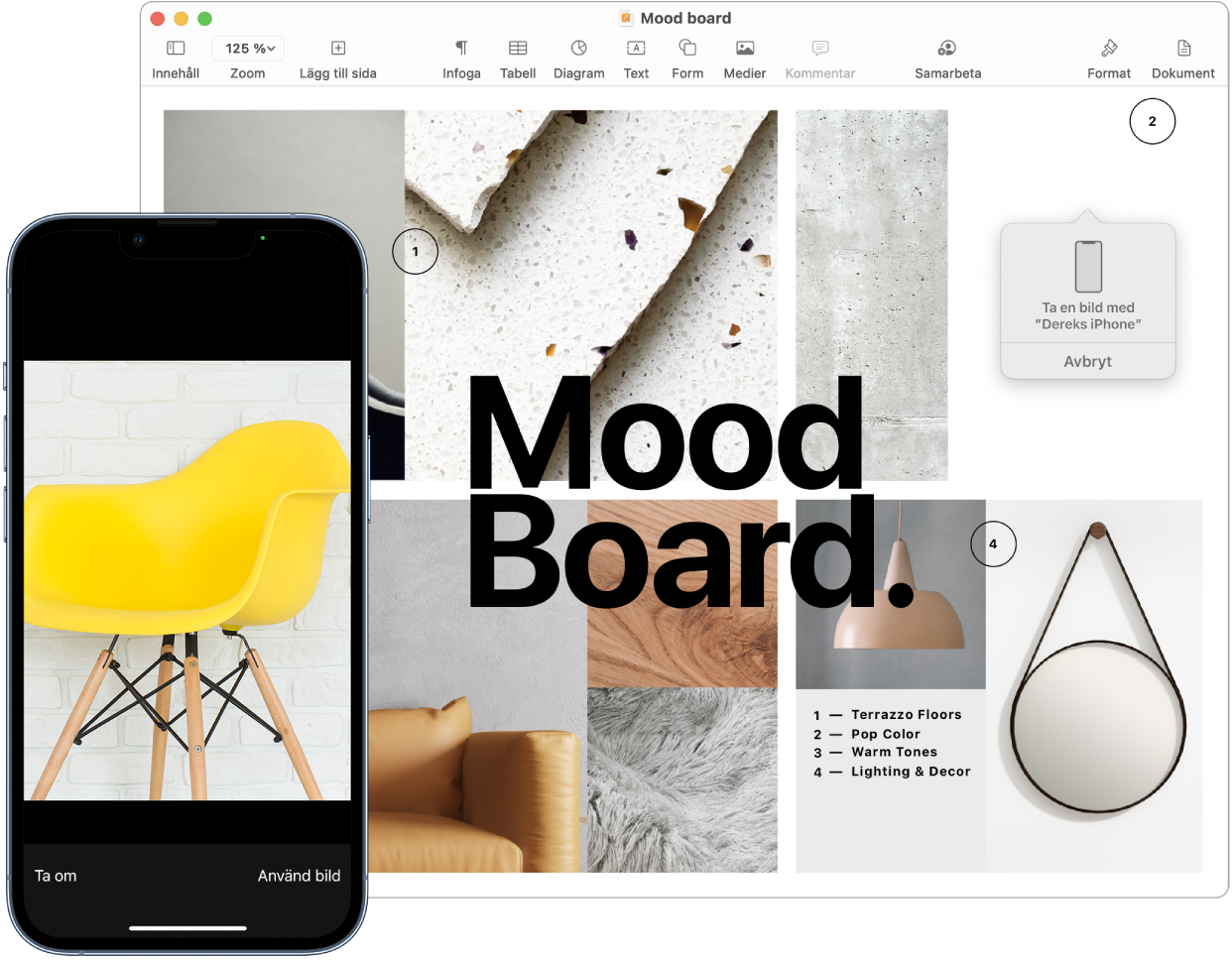 En iPhone som visar en bild och en Mac-skärm som visar ett Pages-dokument med en dialogruta där bilden ska vara.