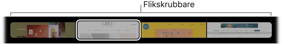 Flikskrubbaren på Safaris Touch Bar. En liten förhandsvisning av varje öppen flik visas på den.