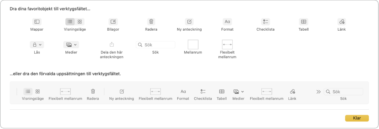 Ett Anteckningar-fönster visar vilka alternativ som finns för att anpassa verktygsfältet.