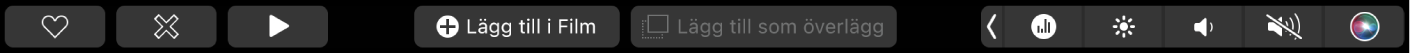 iMovies Touch Bar med knappar för att spela upp, lägga till i film och lägga till som överlägg.