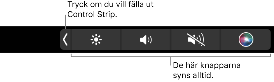 En delbild av den Touch Bar som är förval visar en ihopfälld Control Strip med knapparna som alltid är tillgängliga: ljusstyrka, volym och ljud av. Tryck på knappen som fäller ut Control Strip när du vill se den i sin helhet.