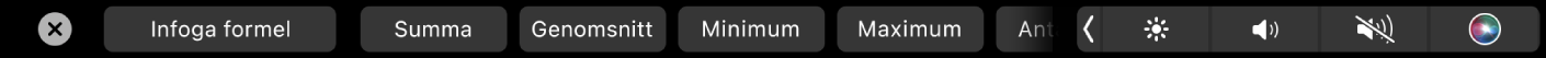 Touch Bar som visar formelknapparna. Bland annat visas summan, medelvärdet, lägsta värdet och högsta värdet.