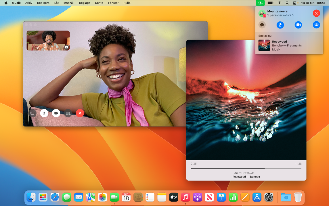 En delad lyssningsupplevelse med de som lyssnar i FaceTime-fönstret och ett Musik-appfönster som spelar en låt.