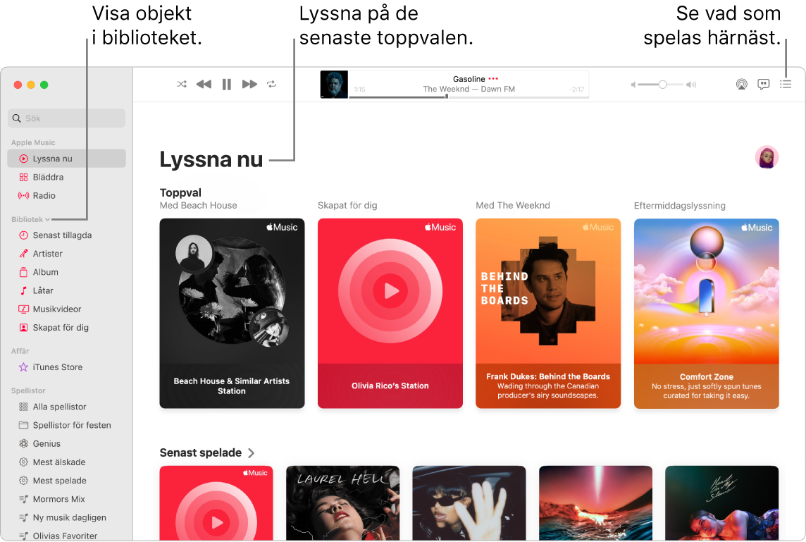 Ett fönster i appen Musik som visar hur du kommer åt ditt bibliotek, lyssnar på Apple Music och ser nästa låt.