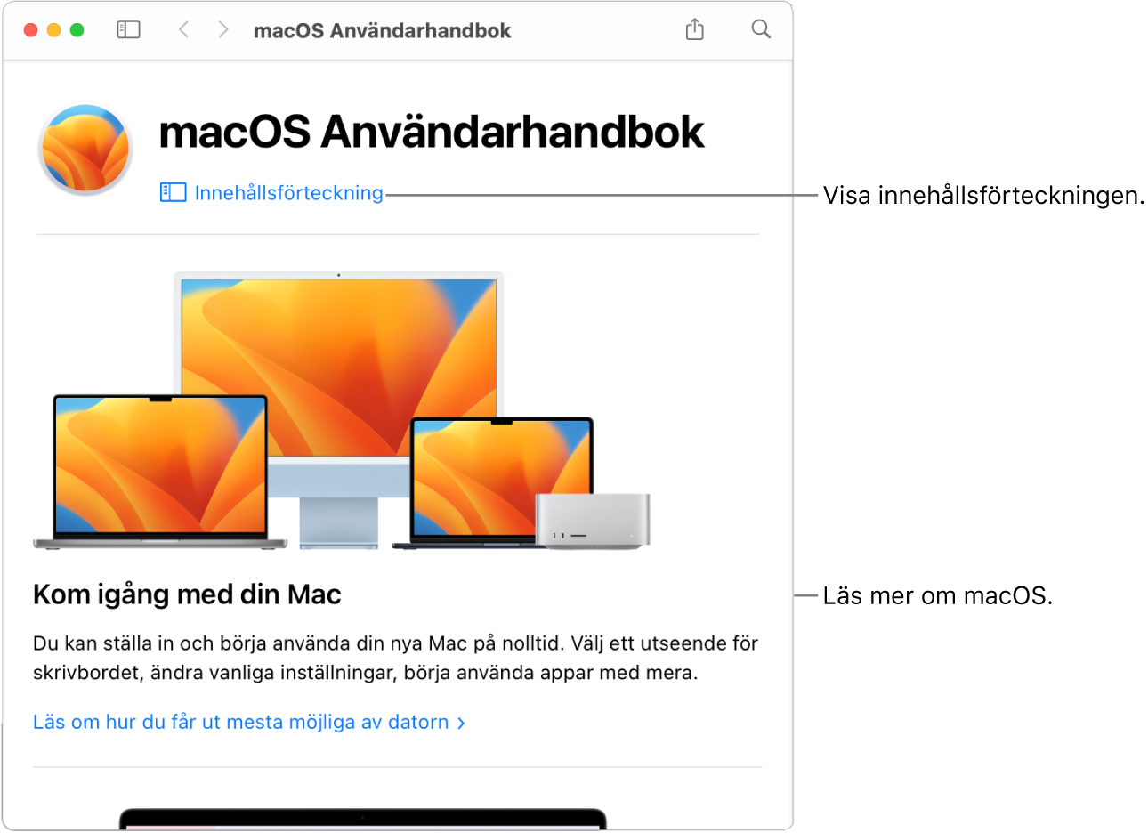 Startsidan i macOS Användarhandbok som innehåller länken till innehållsförteckningen.