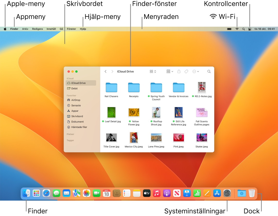 En Mac-skärm som visar Apple-menyn, appmenyn, skrivbordet, Hjälp-menyn, ett Finder-fönster, menyraden, Wi‑Fi-symbolen, Kontrollcenter-symbolen, Finder-symbolen, symbolen för Systeminställningar och Dock.