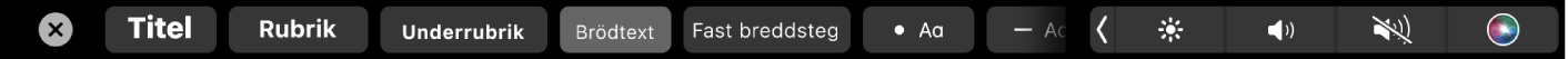 Anteckningars Touch Bar med knappar för styckestilar, till exempel titel, rubrik och brödtext, samt knappar för listalternativ som punktlista, streckad lista och numrerad lista.