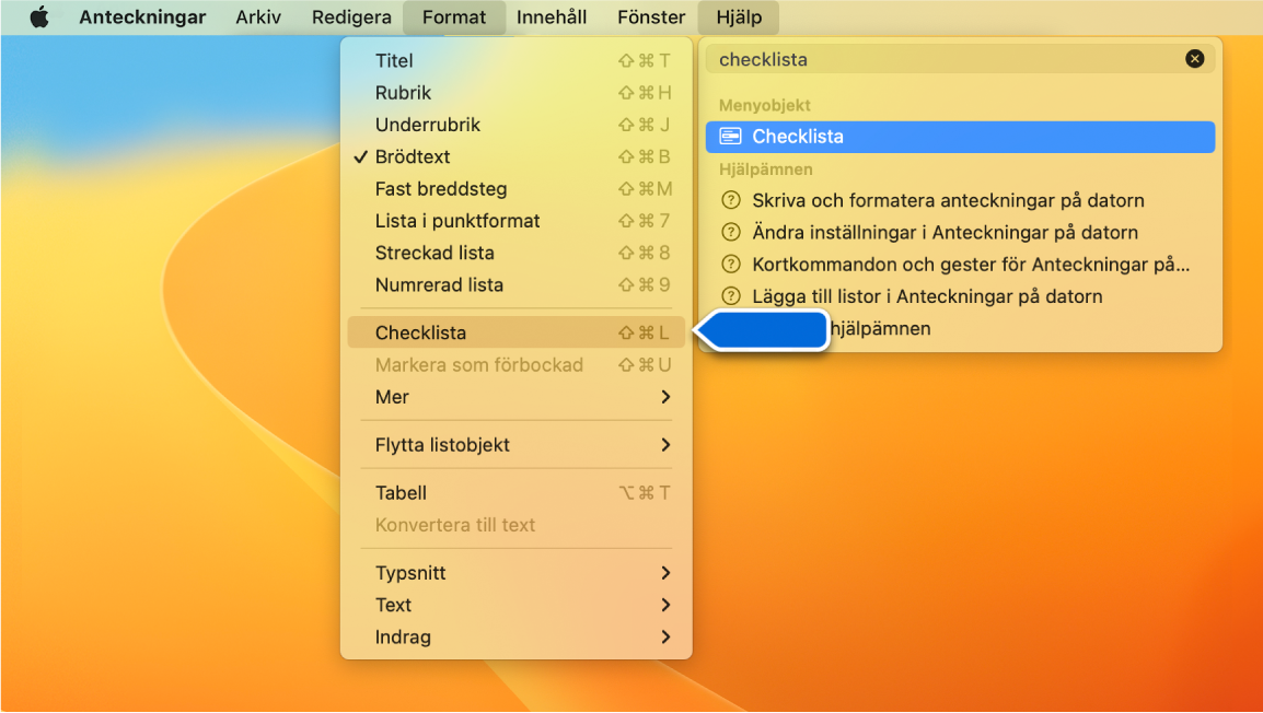 Hjälpmenyn visar en sökning efter ”lista” med kommandot Lista i punktformat markerat i träfflistan och i menyn Format.