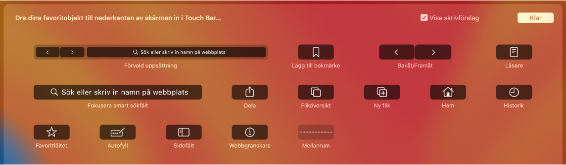 Alternativen för att anpassa Safari som kan dras till Touch Bar.