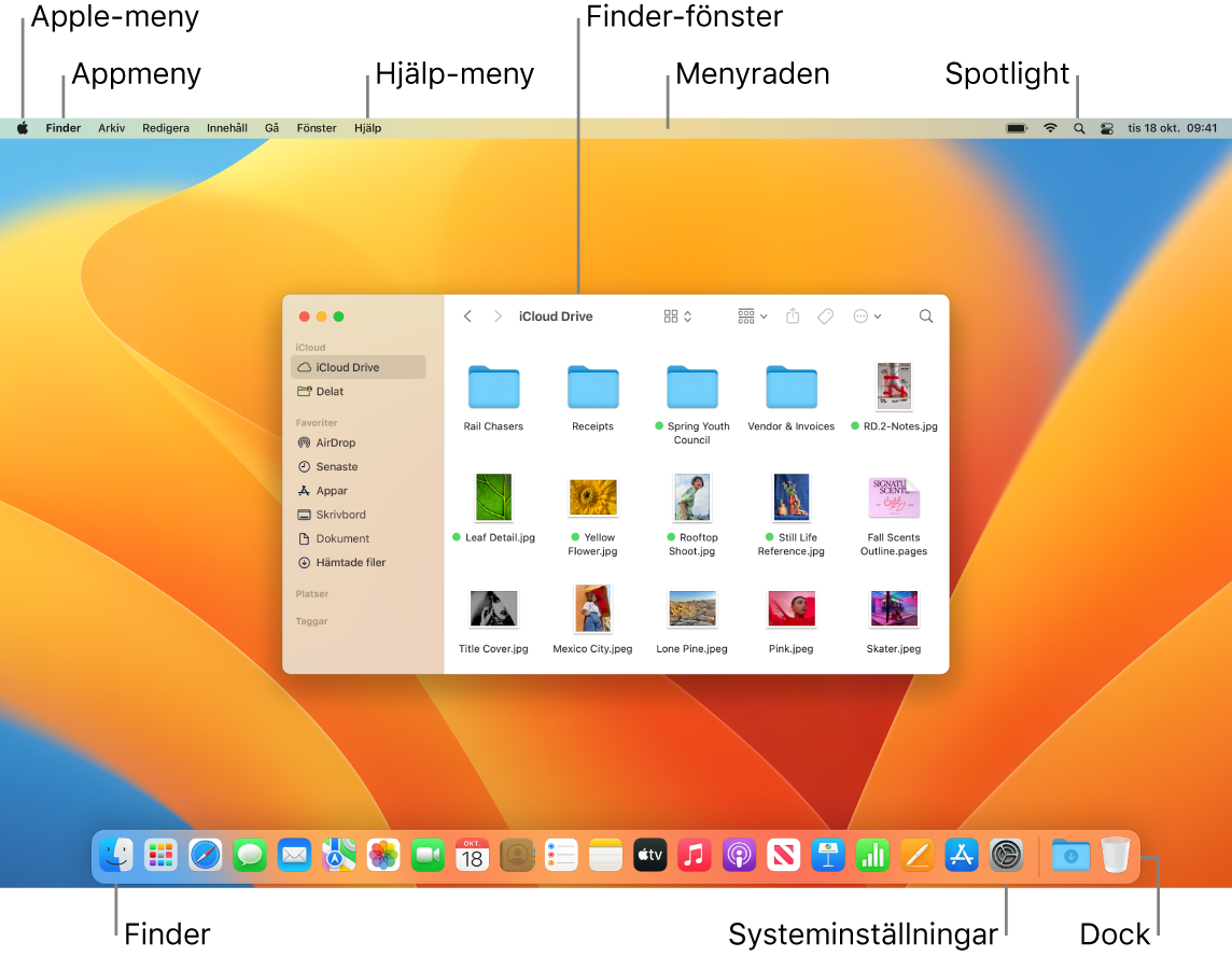 En Mac-skärm som visar Apple-menyn, appmenyn, Hjälp-menyn, ett Finder-fönster, menyraden, Spotlight-symbolen, Finder-symbolen, symbolen för Systeminställningar och Dock.