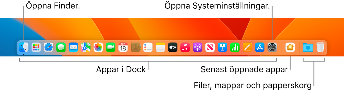 Dock som visar Finder, Systeminställningar och avdelaren i Dock som skiljer appar från filer och mappar.