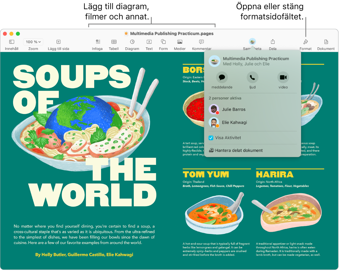 Ett Pages-fönster som visar aktivitetsströmmen nedanför knappen Samarbeta i verktygsfältet och två aktiva personer. Det finns streck som pekar mot att lägga till diagram, filmer och annat i verktygsfältet och ett streck till att öppna eller stänga formatsidofältet.