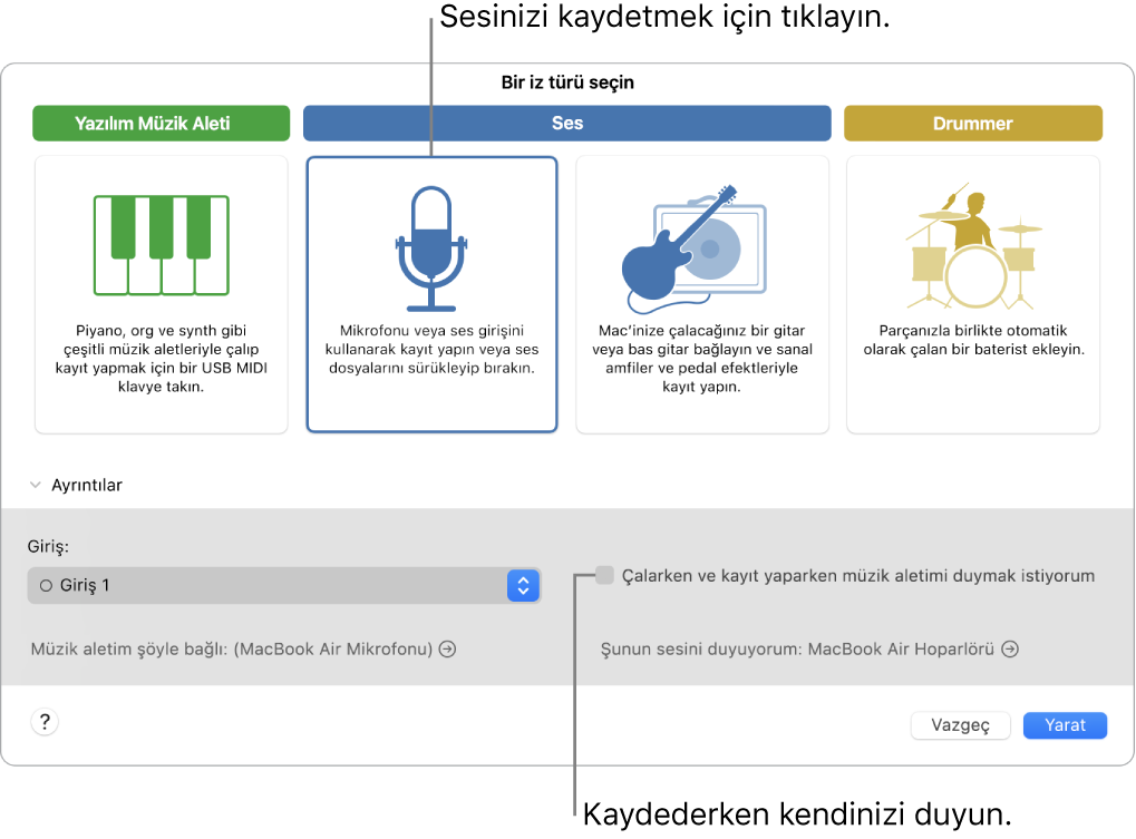 Ses kaydı yapmak için tıklanacak yeri ve kayıt yaparken kendinizi nasıl duyacağınızı gösteren GarageBand müzik aleti paneli.