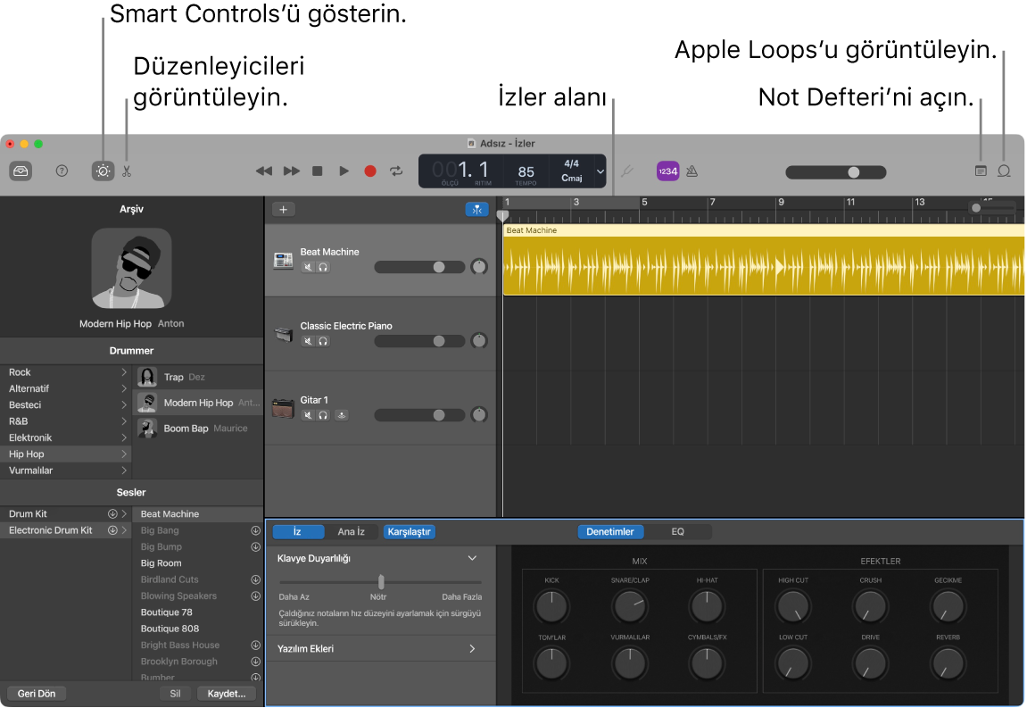 Smart Controls’e, Düzenleyiciler’e, Notlar’a ve Apple Loops’a erişim düğmelerini gösteren bir GarageBand penceresi. Ayrıca, izler görüntüsünü gösterir.