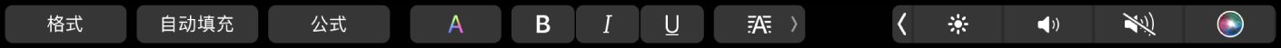 含“格式”、“自动填充”和“公式”按钮的 Numbers 表格触控栏。还包含文本格式化按钮，如颜色、粗体、斜体、下划线和对齐。