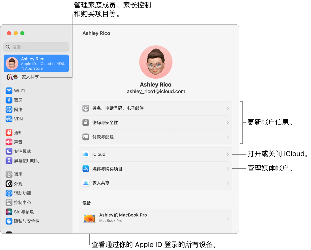 “系统设置”中的 Apple ID 设置，包含更新帐户信息、打开或关闭 iCloud 功能、管理媒体帐户和“家人共享”（可在其中管理家庭成员、家长控制和购买项等等）的标注。