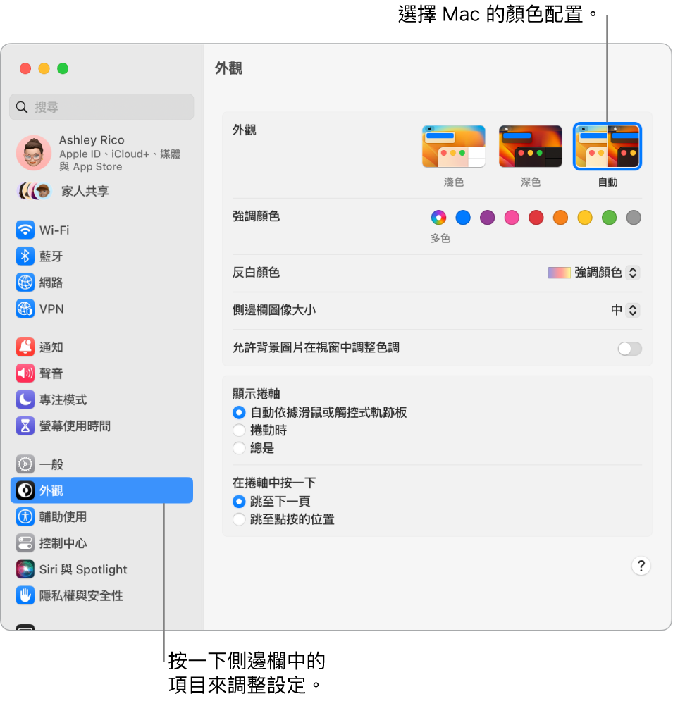 「系統設定」中的「外觀」視窗。