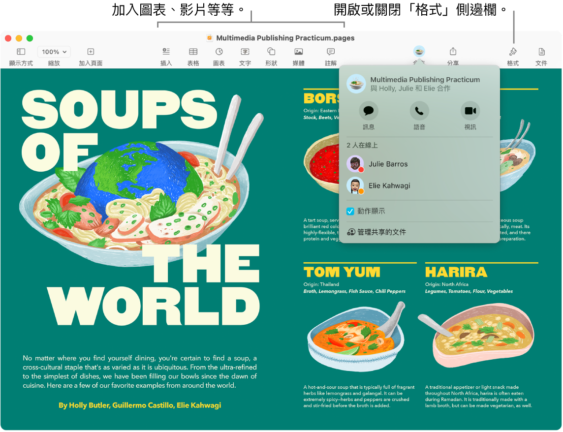 Pages 視窗在工具列中的「合作」按鈕下方顯示「活動串流」，現有兩位成員。工具列中顯示加入圖表、影片等項目的說明框，以及打開或關閉「格式」側邊欄的說明框。